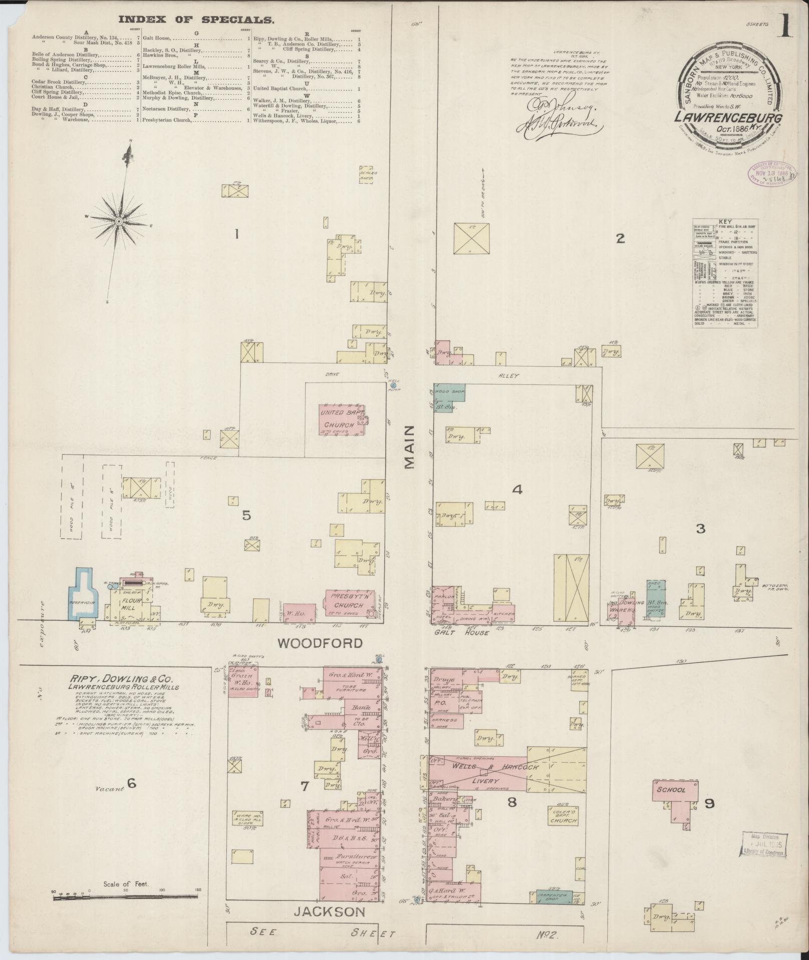 Sanborn Fire Insurance Map from Lawrenceburg, Anderson County, Kentucky (1886), Sheet #0001 - Complete Map Set gallery image, historic Sanborn map, vintage wall art, Kentucky Kentucky