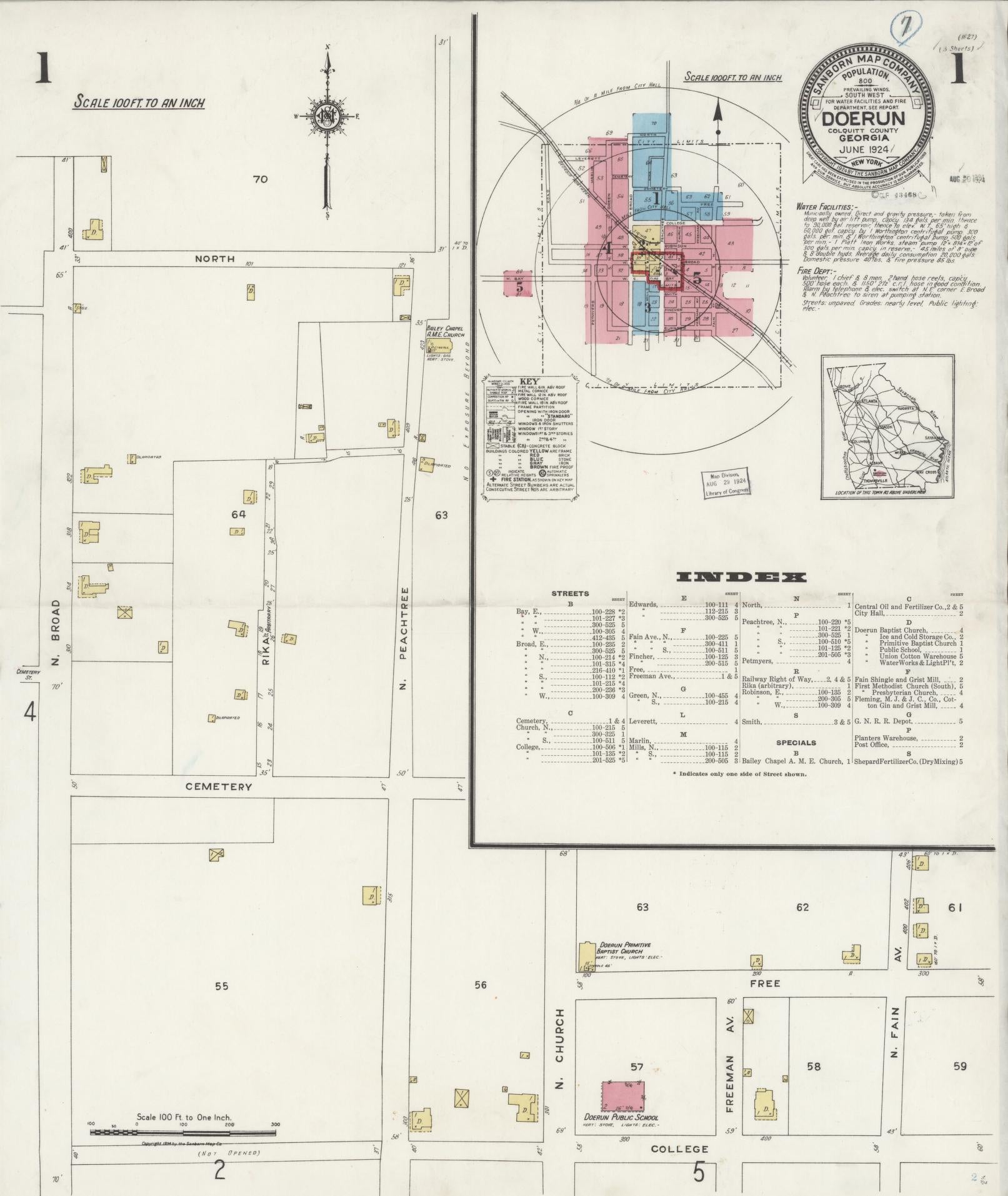 Sanborn Fire Insurance Map from Doerun, Colquitt County, Georgia (1924), Sheet #0001 - Complete Map Set gallery image, historic Sanborn map, vintage wall art, Georgia Georgia