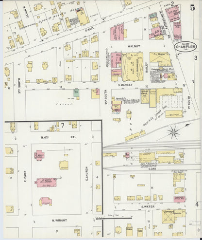 Sanborn Fire Insurance Map from Champaign, Champaign County, Illinois (1897), Sheet #0005 - Historic Sanborn Fire Insurance Map Print, vintage old map wall art, antique decor, genealogy gift, Illinois Illinois map