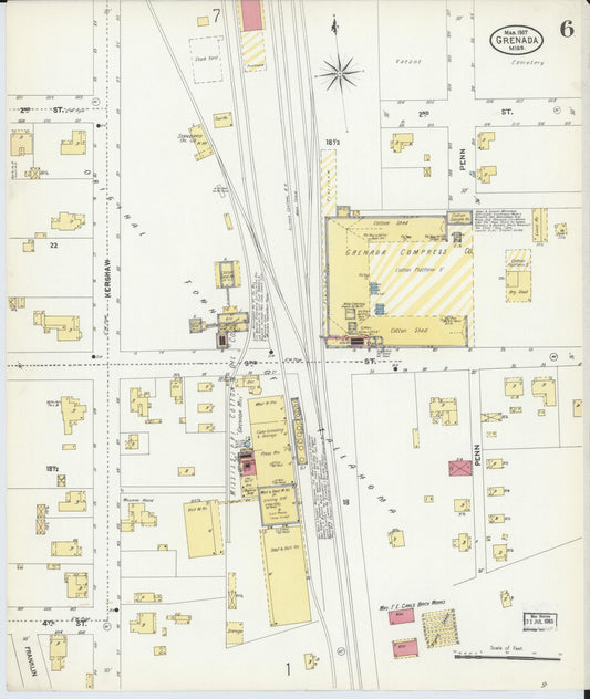 Sanborn Fire Insurance Map from Grenada, Grenada County, Mississippi (1907), Sheet #0006 - Historic Sanborn Fire Insurance Map Print, vintage old map wall art, antique decor, genealogy gift, Mississippi Mississippi map
