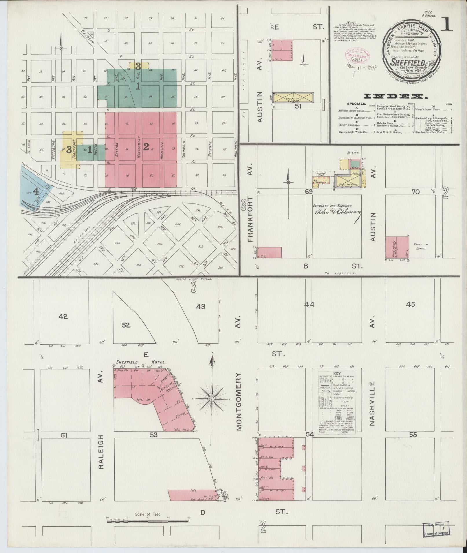 Sanborn Fire Insurance Map from Sheffield, Colbert County, Alabama (1894), Sheet #0001 - Historic Sanborn Fire Insurance Map Print, vintage old map wall art, antique decor, genealogy gift, Alabama Alabama map