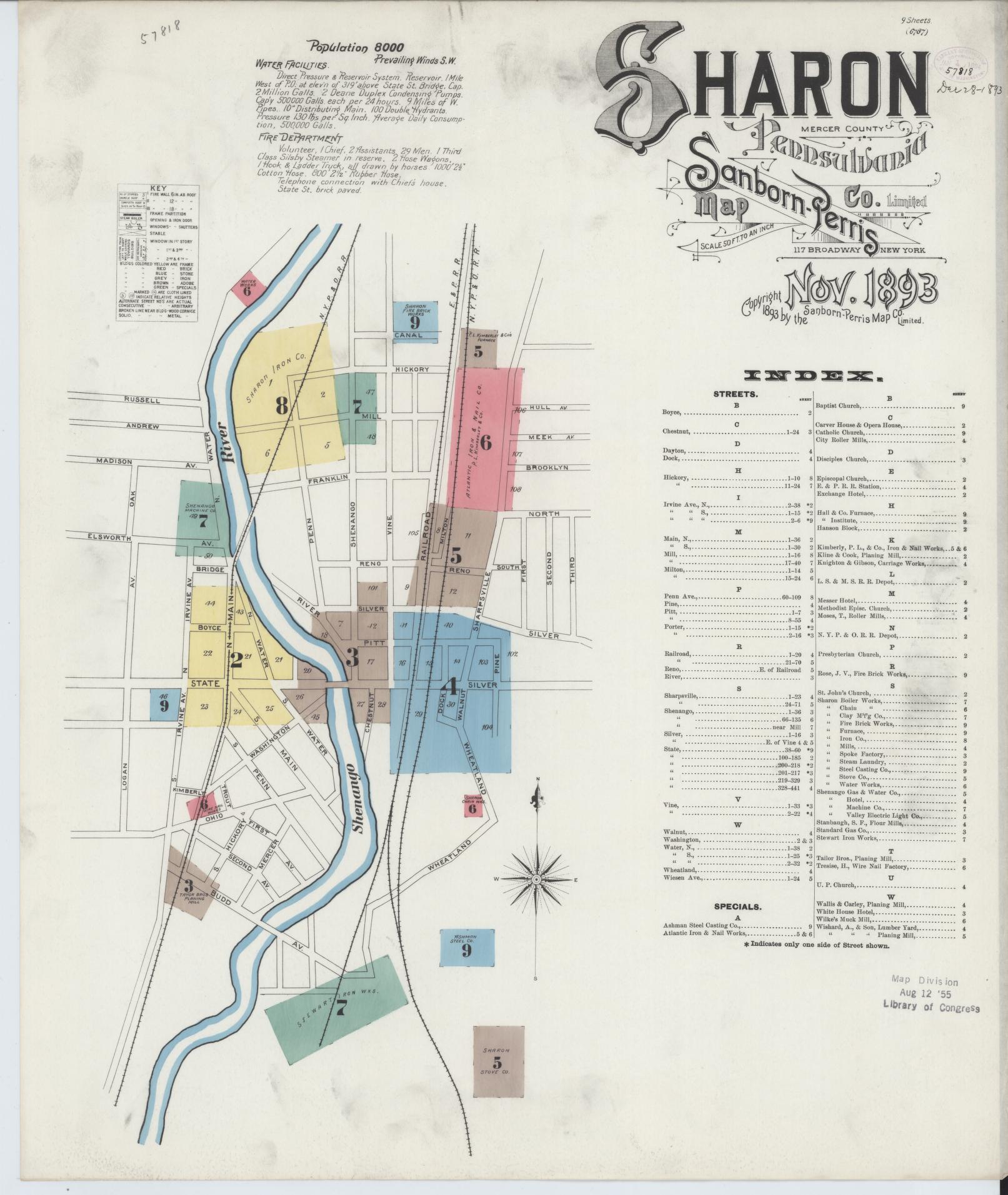 Sanborn Fire Insurance Map from Sharon, Mercer County, Pennsylvania. (1893), Sheet 1 – Historic Sanborn Fire Insurance Map Print