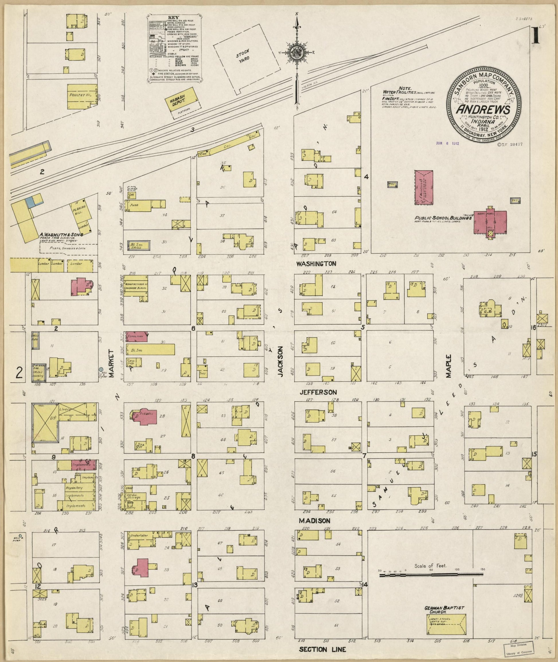 Sanborn Fire Insurance Map from Andrews, Huntington County, Indiana (1912), Sheet #0001 - Historic Sanborn Fire Insurance Map Print, vintage old map wall art, antique decor, genealogy gift, Indiana Indiana map