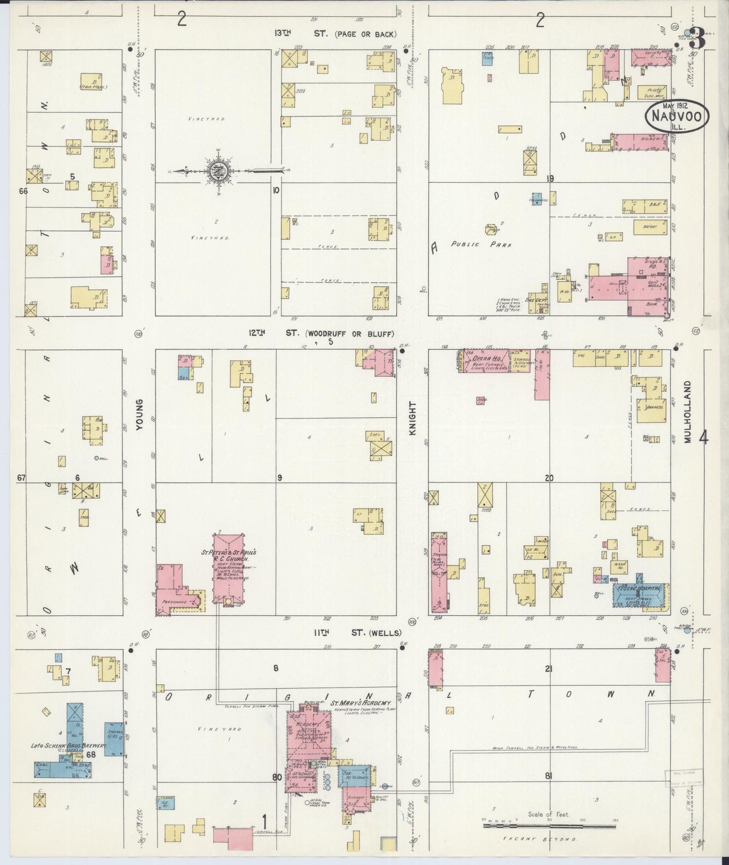 Sanborn Fire Insurance Map from Nauvoo, Hancock County, Illinois (1912), Sheet #0003 - Historic Sanborn Fire Insurance Map Print, vintage old map wall art, antique decor, genealogy gift, Illinois Illinois map