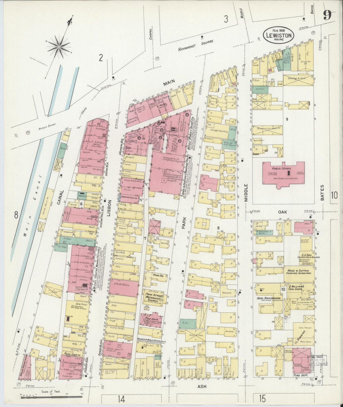 Sanborn Fire Insurance Map from Lewiston, Androscoggin County, Maine (1908), Sheet #0009 - Complete Map Set gallery image, historic Sanborn map, vintage wall art, Maine Maine