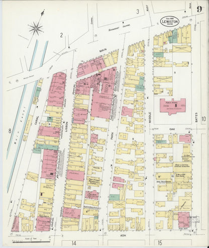 Sanborn Fire Insurance Map from Lewiston, Androscoggin County, Maine (1908), Sheet #0009 - Complete Map Set gallery image, historic Sanborn map, vintage wall art, Maine Maine