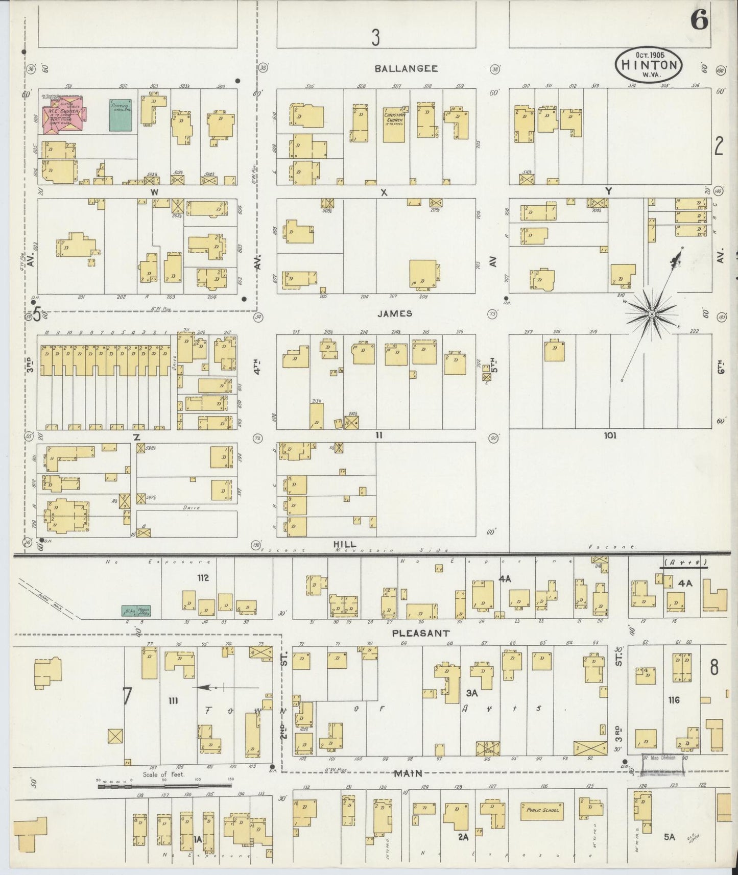 Sanborn Fire Insurance Map from Hinton, Summer County, West Virginia (1905), Sheet #0006 - Complete Map Set gallery image, historic Sanborn map, vintage wall art, West Virginia West Virginia