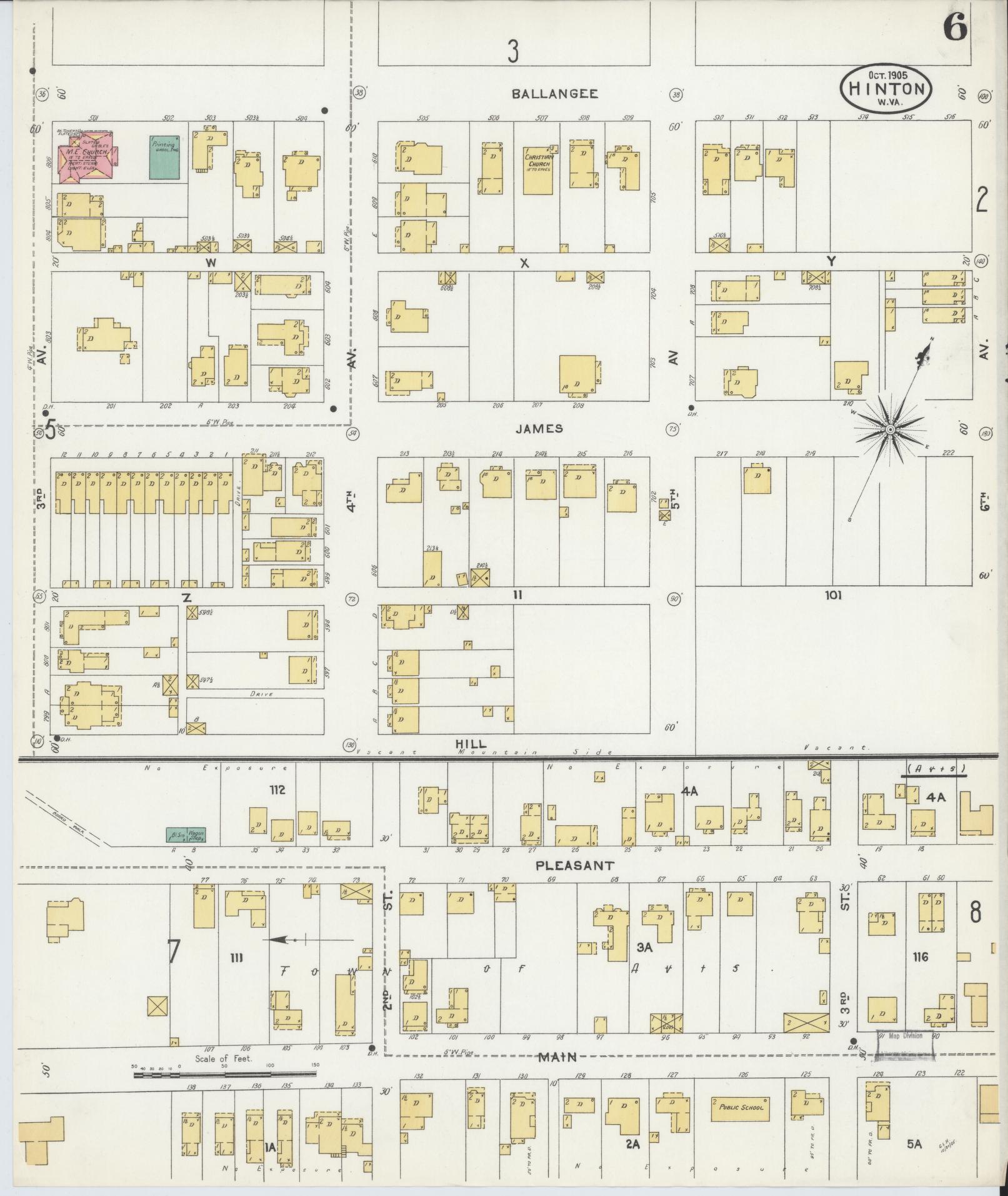 Sanborn Fire Insurance Map from Hinton, Summer County, West Virginia (1905), Sheet #0006 - Complete Map Set gallery image, historic Sanborn map, vintage wall art, West Virginia West Virginia