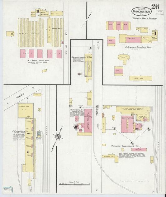 Sanborn Fire Insurance Map from Manchester, Chesterfield County, Virginia (1910), Sheet #0026 - Historic Sanborn Fire Insurance Map Print, vintage old map wall art, antique decor, genealogy gift, Virginia Virginia map