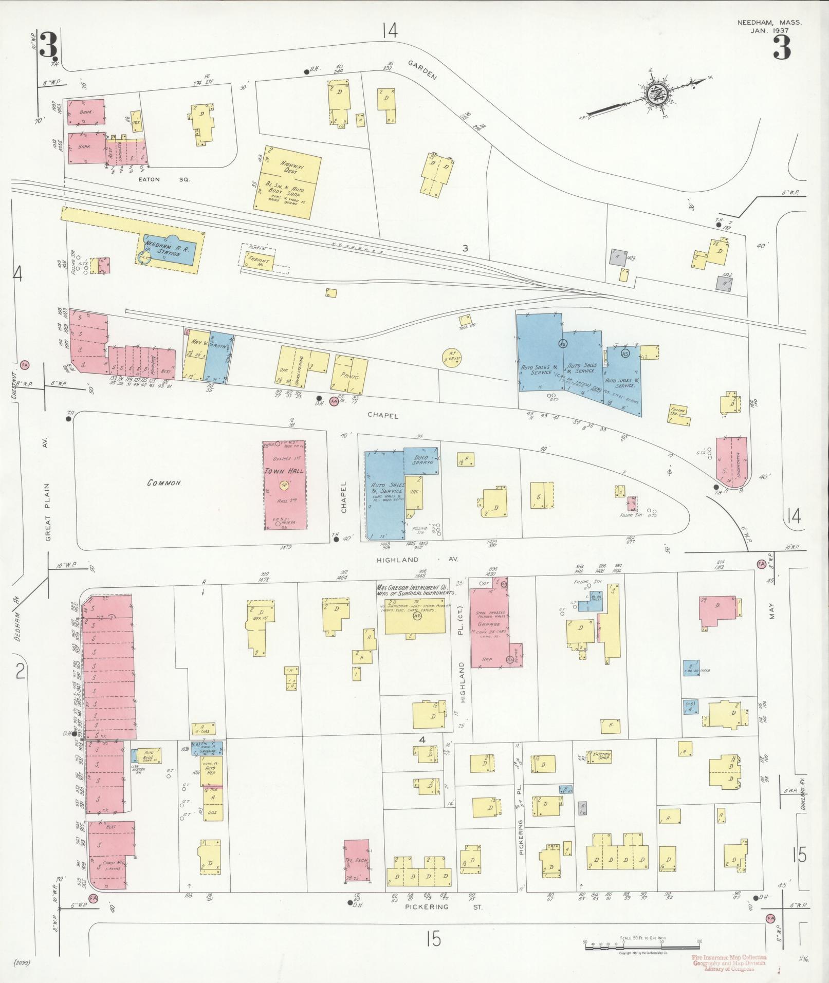 Sanborn Fire Insurance Map from Needham, Norfolk County, Massachusetts (1937), Sheet #0003 - Complete Map Set gallery image, historic Sanborn map, vintage wall art, Massachusetts Massachusetts