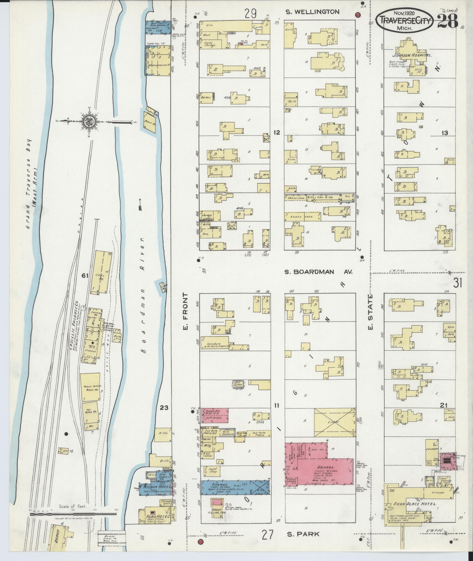 Sanborn Fire Insurance Map from Traverse City, Grand Traverse County, Michigan (1920), Sheet #0028 - Historic Sanborn Fire Insurance Map Print, vintage old map wall art, antique decor, genealogy gift, Michigan Michigan map