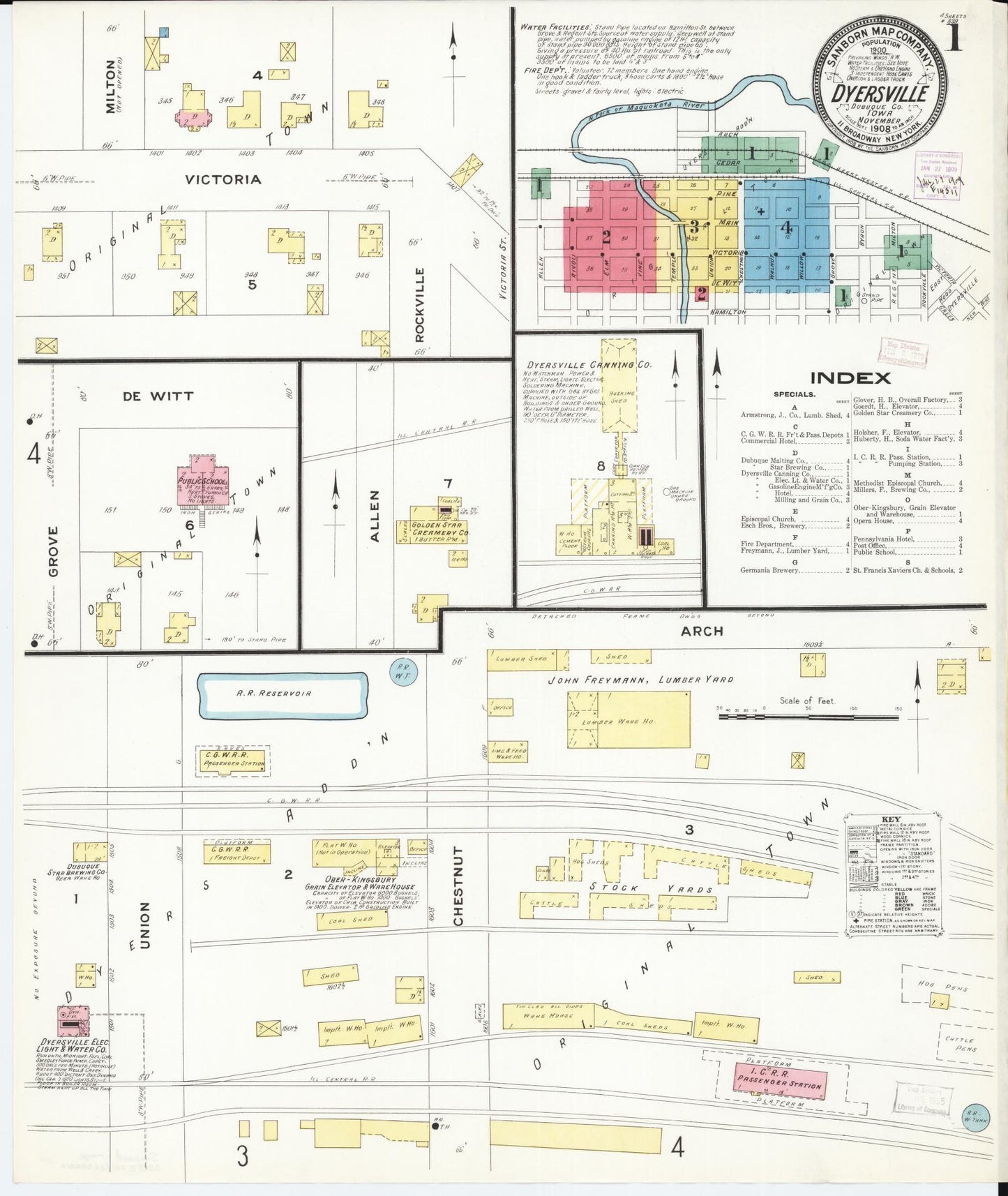 Sanborn Fire Insurance Map from Dyersville, Dubuque County, Iowa (1908), Sheet #0001 - Historic Sanborn Fire Insurance Map Print, vintage old map wall art