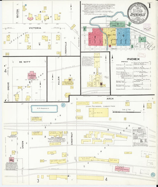 Sanborn Fire Insurance Map from Dyersville, Dubuque County, Iowa (1908), Sheet #0001 - Historic Sanborn Fire Insurance Map Print, vintage old map wall art