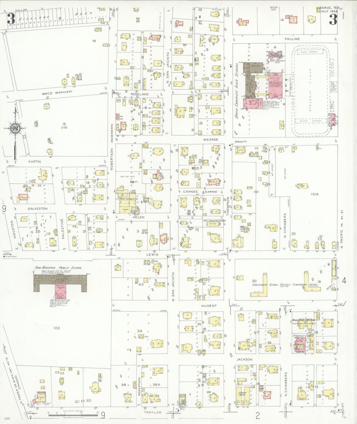 Sanborn Fire Insurance Map from Conroe, Montgomery County, Texas (1938), Sheet #0003 - Historic Sanborn Fire Insurance Map Print, vintage old map wall art, antique decor, genealogy gift, Texas Texas map