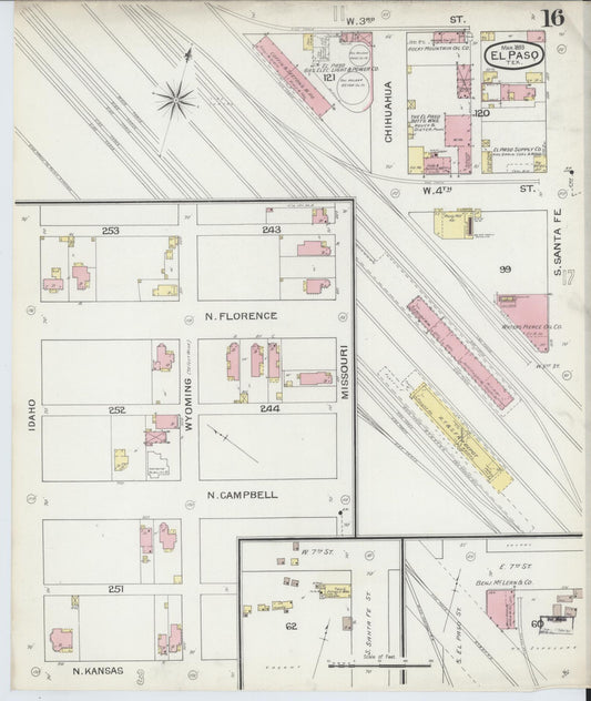 Sanborn Fire Insurance Map from El Paso, El Paso County, Texas (1893), Sheet #0016 - Historic Sanborn Fire Insurance Map Print, vintage old map wall art, antique decor, genealogy gift, Texas Texas map