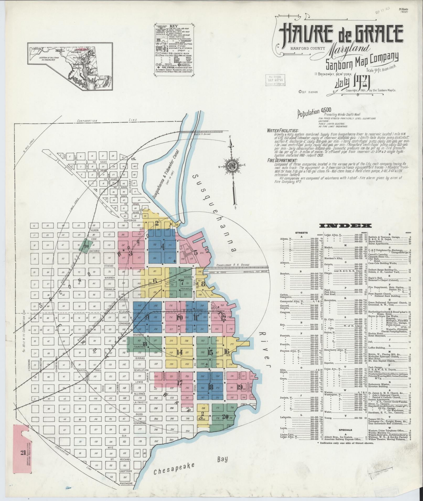 Sanborn Fire Insurance Map from Havre De Grace, Harford County, Maryland (1921), Sheet #0001 - Complete Map Set gallery image, historic Sanborn map, vintage wall art, Maryland Maryland