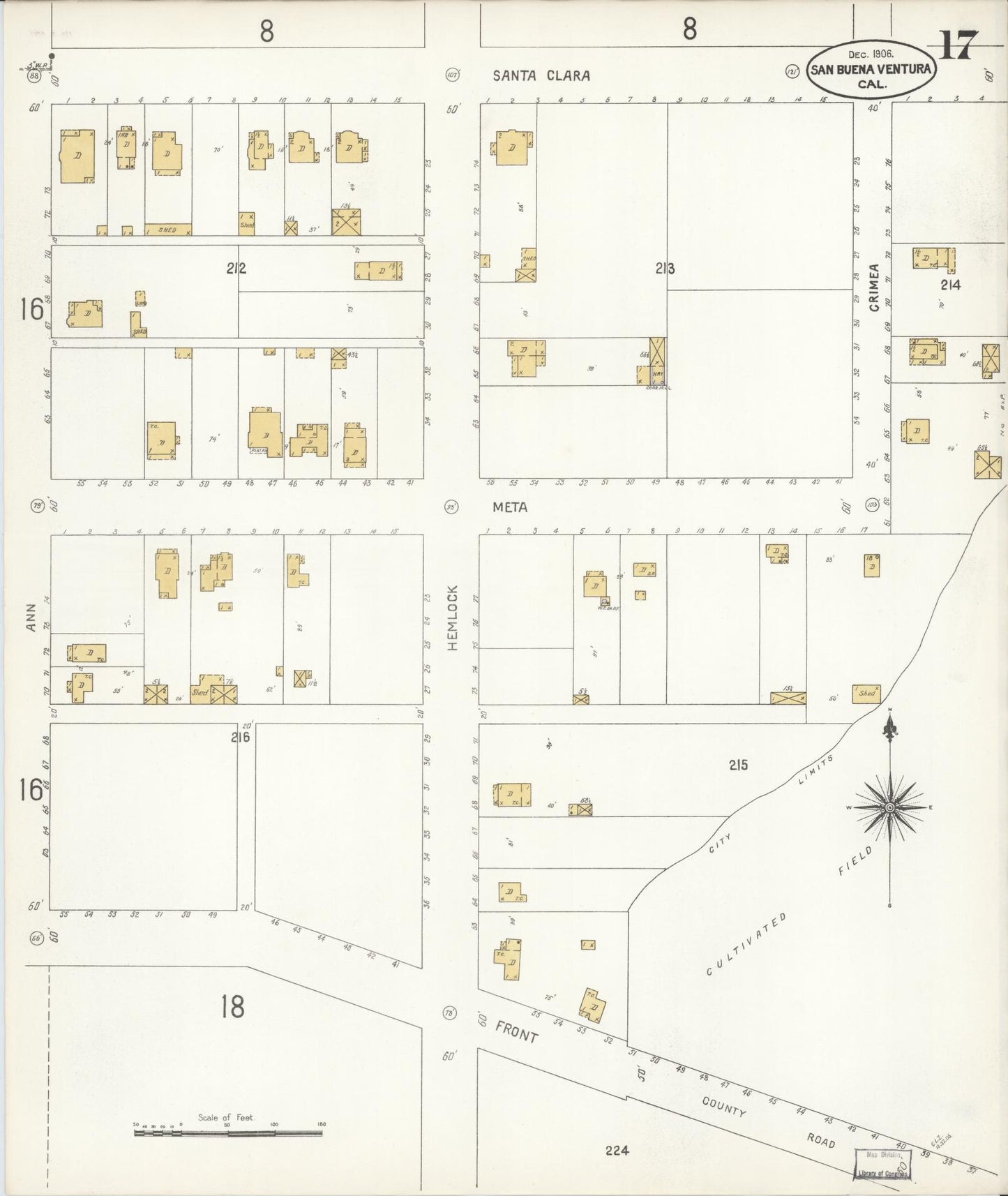 Sanborn Fire Insurance Map from San Buenaventura, Ventura County, California (1906), Sheet #0017 - Complete Map Set gallery image, historic Sanborn map, vintage wall art, California California