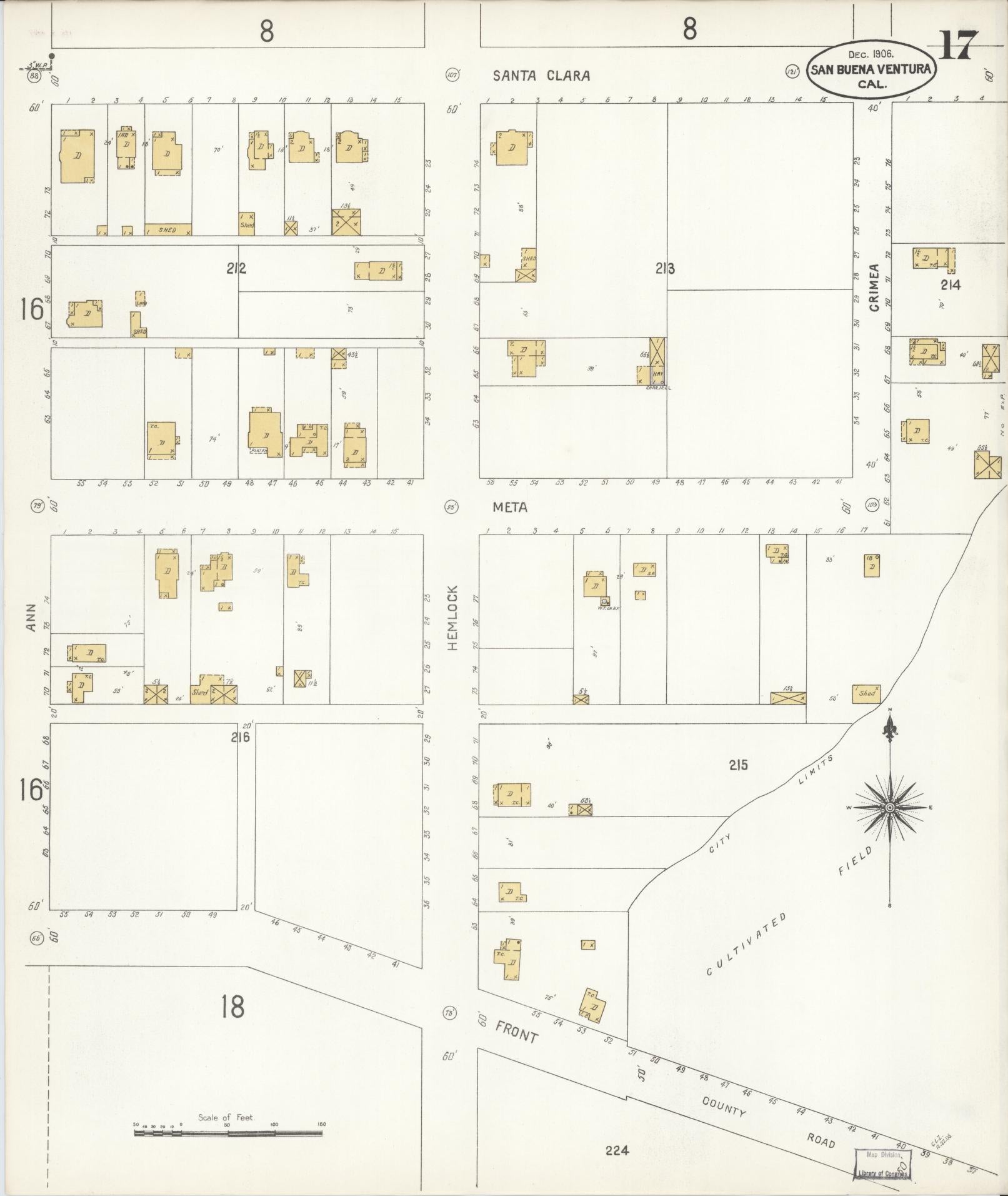 Sanborn Fire Insurance Map from San Buenaventura, Ventura County, California (1906), Sheet #0017 - Complete Map Set gallery image, historic Sanborn map, vintage wall art, California California