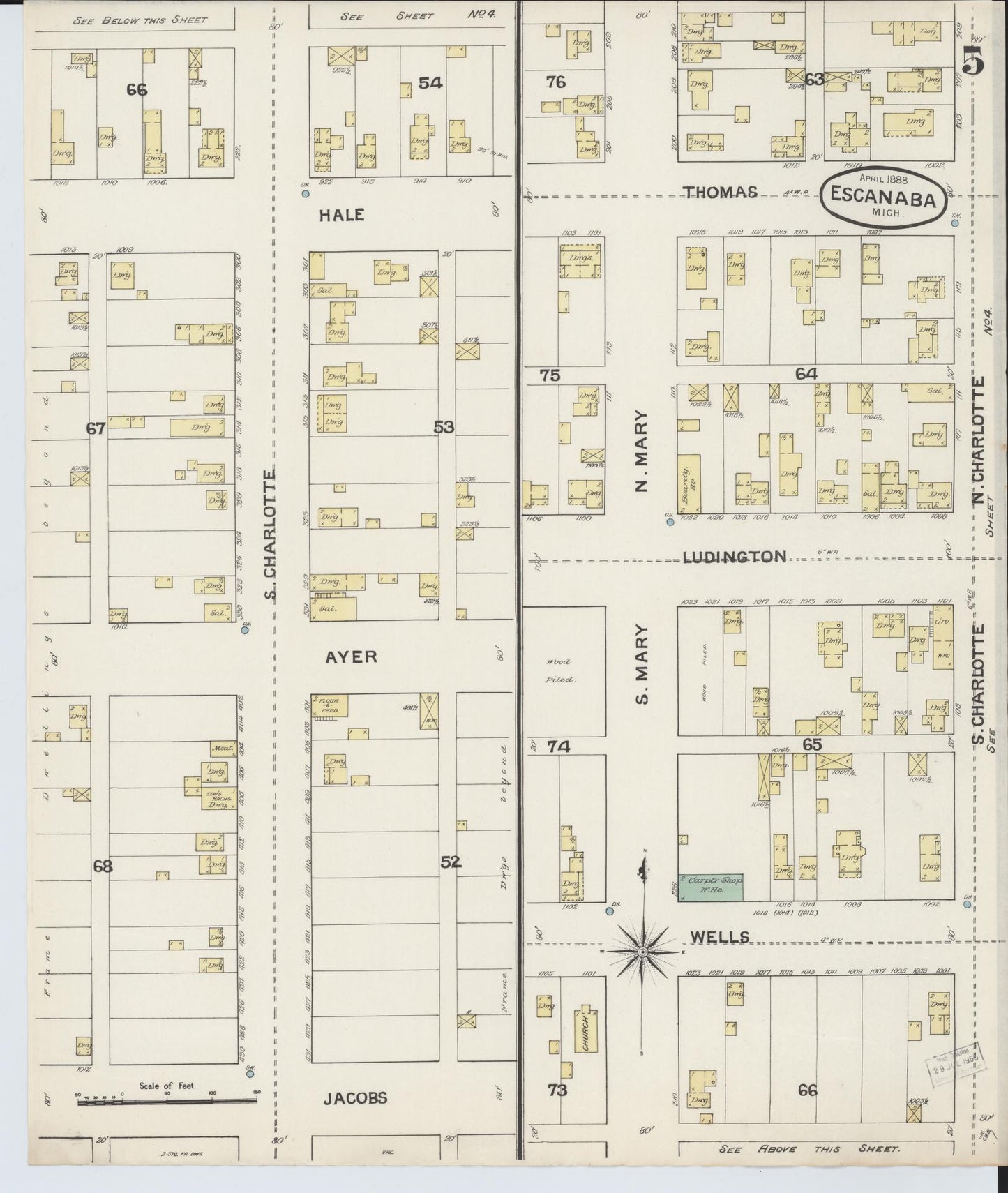 Sanborn Fire Insurance Map from Escanaba, Delta County, Michigan (1888), Sheet #0005 - Complete Map Set gallery image, historic Sanborn map, vintage wall art, Michigan Michigan