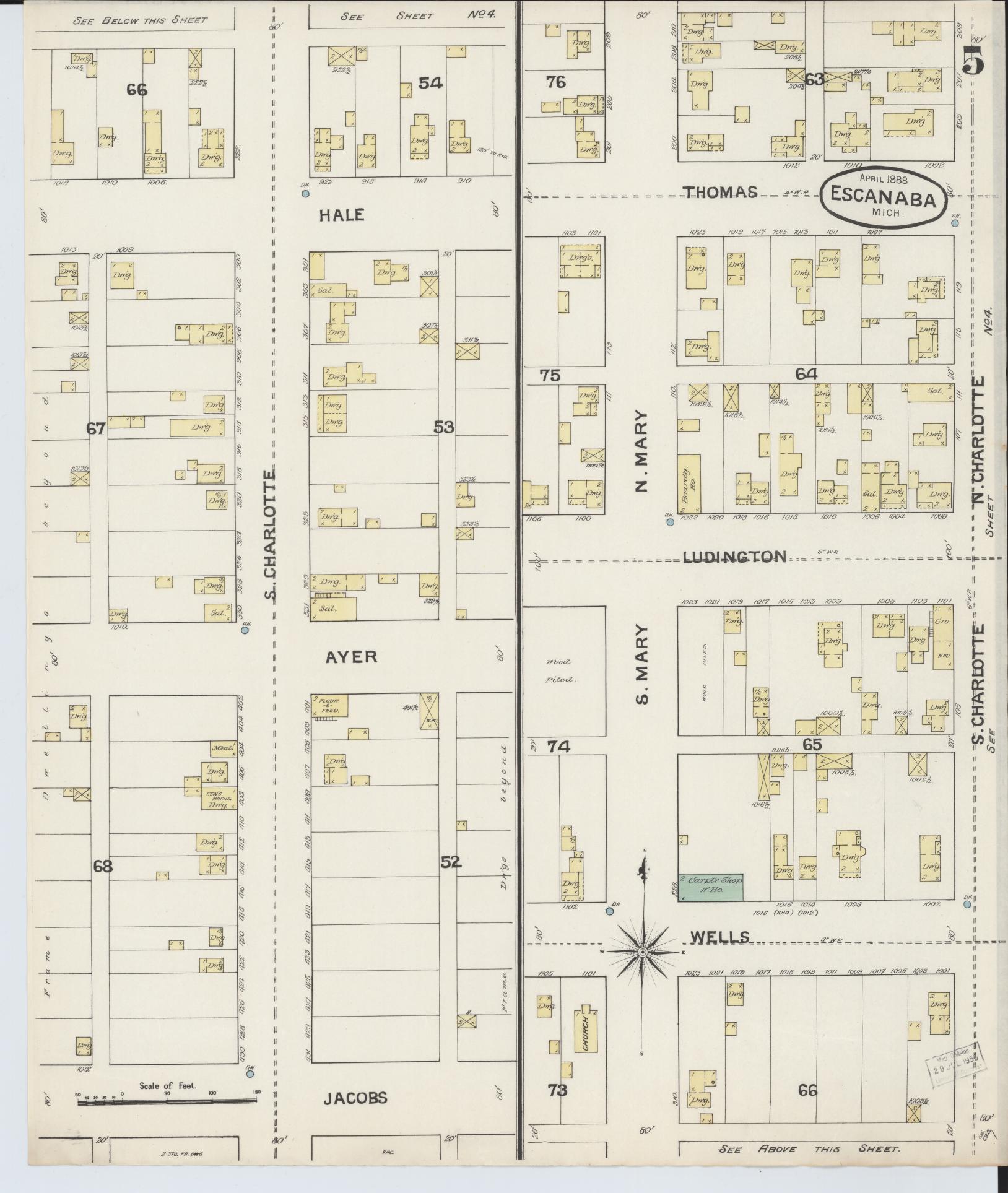 Sanborn Fire Insurance Map from Escanaba, Delta County, Michigan (1888), Sheet #0005 - Complete Map Set gallery image, historic Sanborn map, vintage wall art, Michigan Michigan