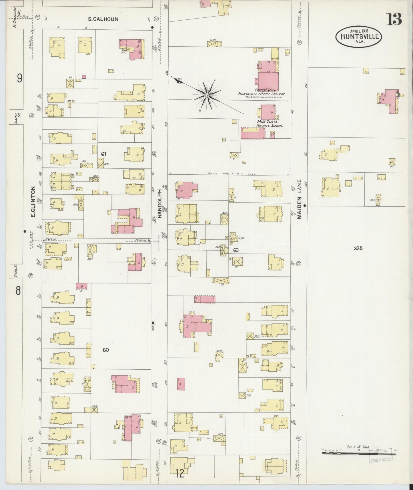Sanborn Fire Insurance Map from Huntsville, Madison County, Alabama (1908), Sheet #0013 - Complete Map Set gallery image, historic Sanborn map, vintage wall art, Alabama Alabama