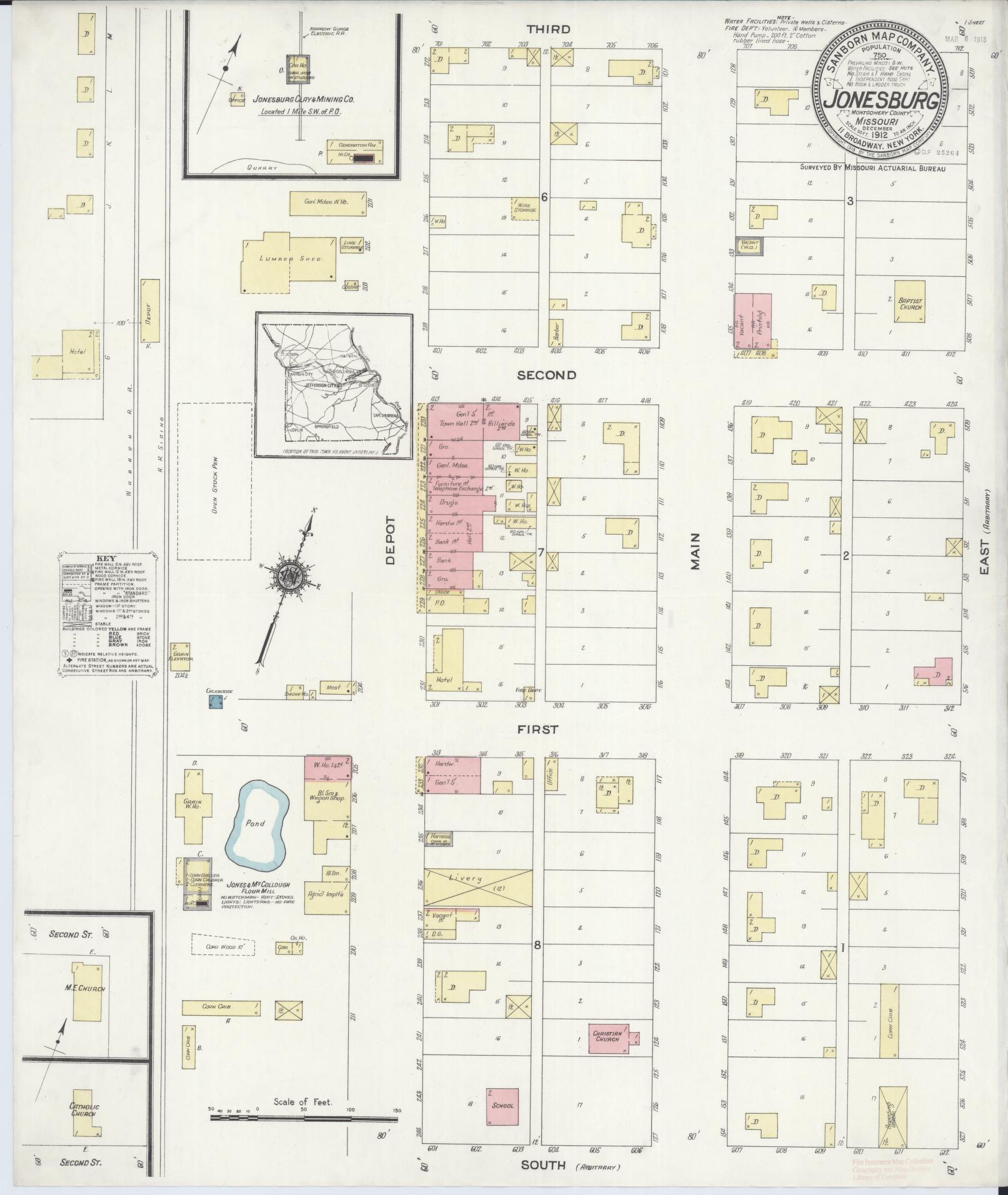 Sanborn Fire Insurance Map from Jonesburg, Montgomery County, Missouri (1912), Sheet #0001 - Historic Sanborn Fire Insurance Map Print, vintage old map wall art, antique decor, genealogy gift, Missouri Missouri map