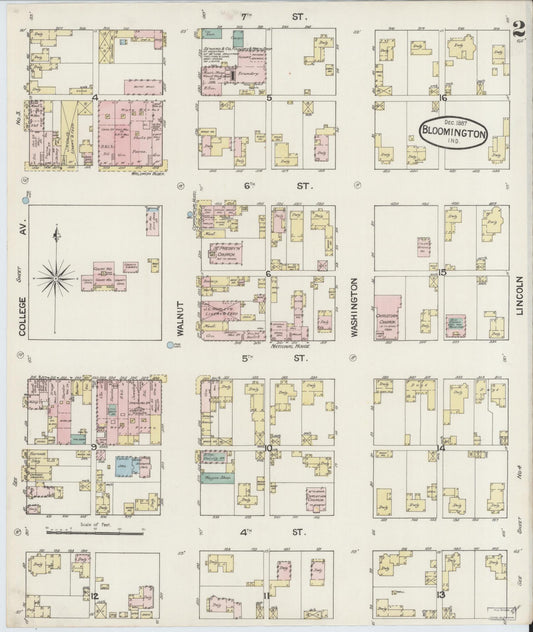 Sanborn Fire Insurance Map from Bloomington, Monroe County, Indiana (1887), Sheet #0002 - Historic Sanborn Fire Insurance Map Print, vintage old map wall art, antique decor, genealogy gift, Indiana Indiana map