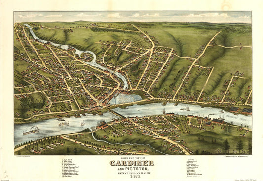 Bird's eye view of Gardiner and Pittston, Kennebec Co., Maine, 1878 (1878) – Historic Bird’s-Eye View Panorama Print