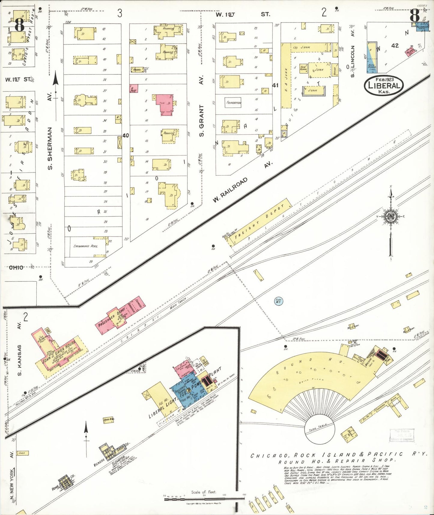 Sanborn Fire Insurance Map from Liberal, Seward County, Kansas (1923), Sheet #0008 - Historic Sanborn Fire Insurance Map Print, vintage old map wall art, antique decor, genealogy gift, Kansas Kansas map