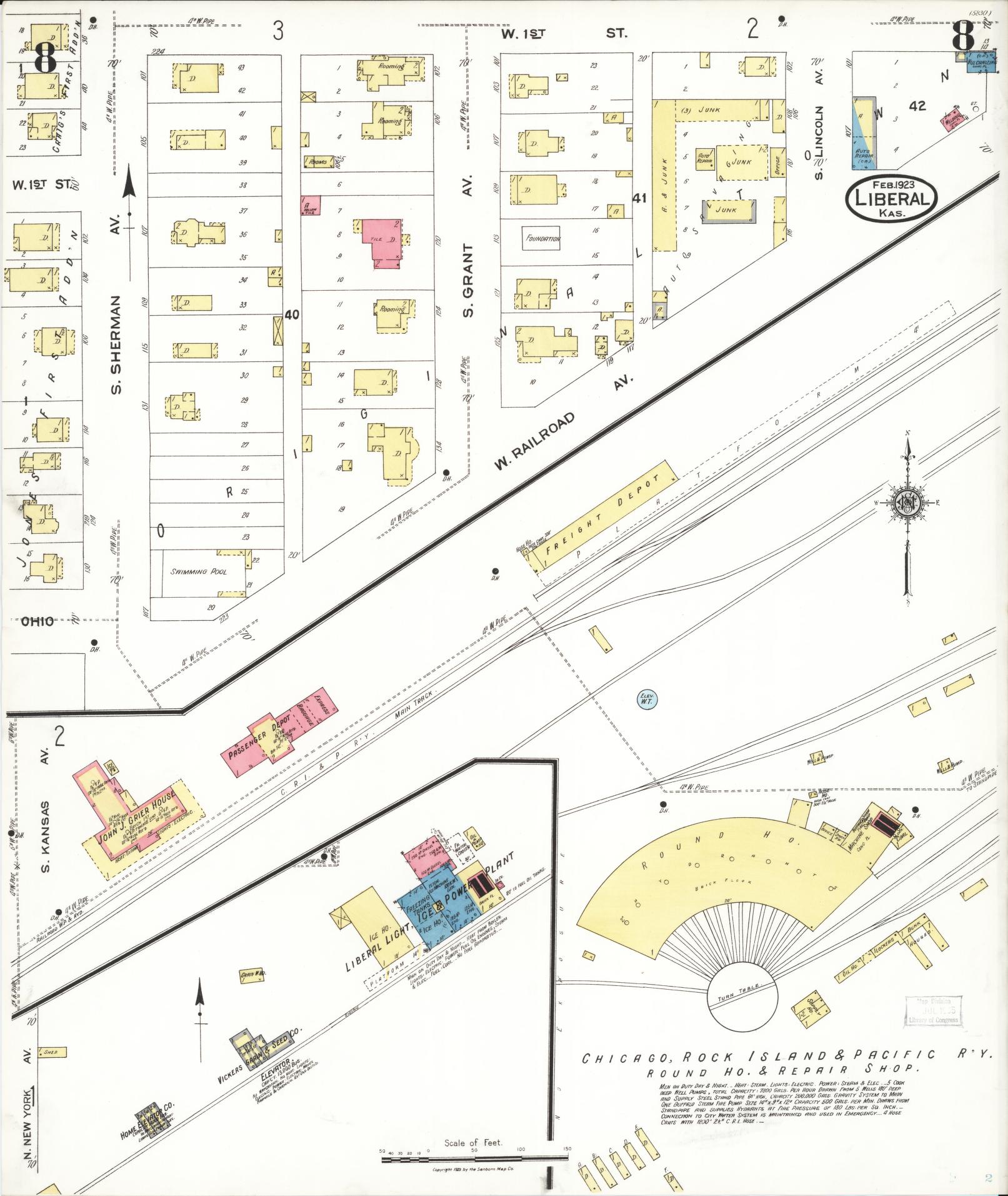 Sanborn Fire Insurance Map from Liberal, Seward County, Kansas (1923), Sheet #0008 - Historic Sanborn Fire Insurance Map Print, vintage old map wall art, antique decor, genealogy gift, Kansas Kansas map