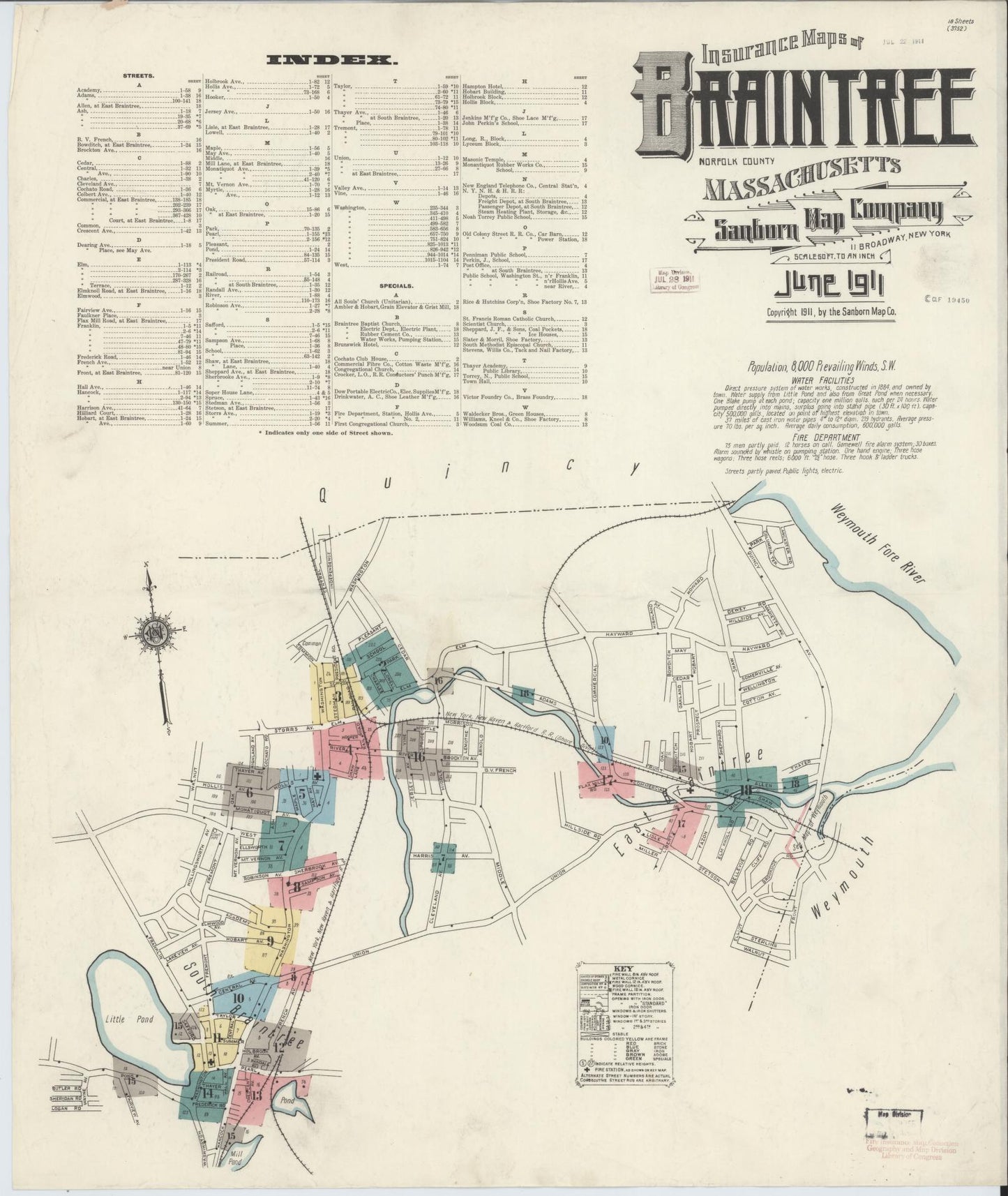 Sanborn Fire Insurance Map from Braintree, Norfolk County, Massachusetts (1911), Sheet #0001 - Historic Sanborn Fire Insurance Map Print, vintage old map wall art, antique decor, genealogy gift, Massachusetts Massachusetts map