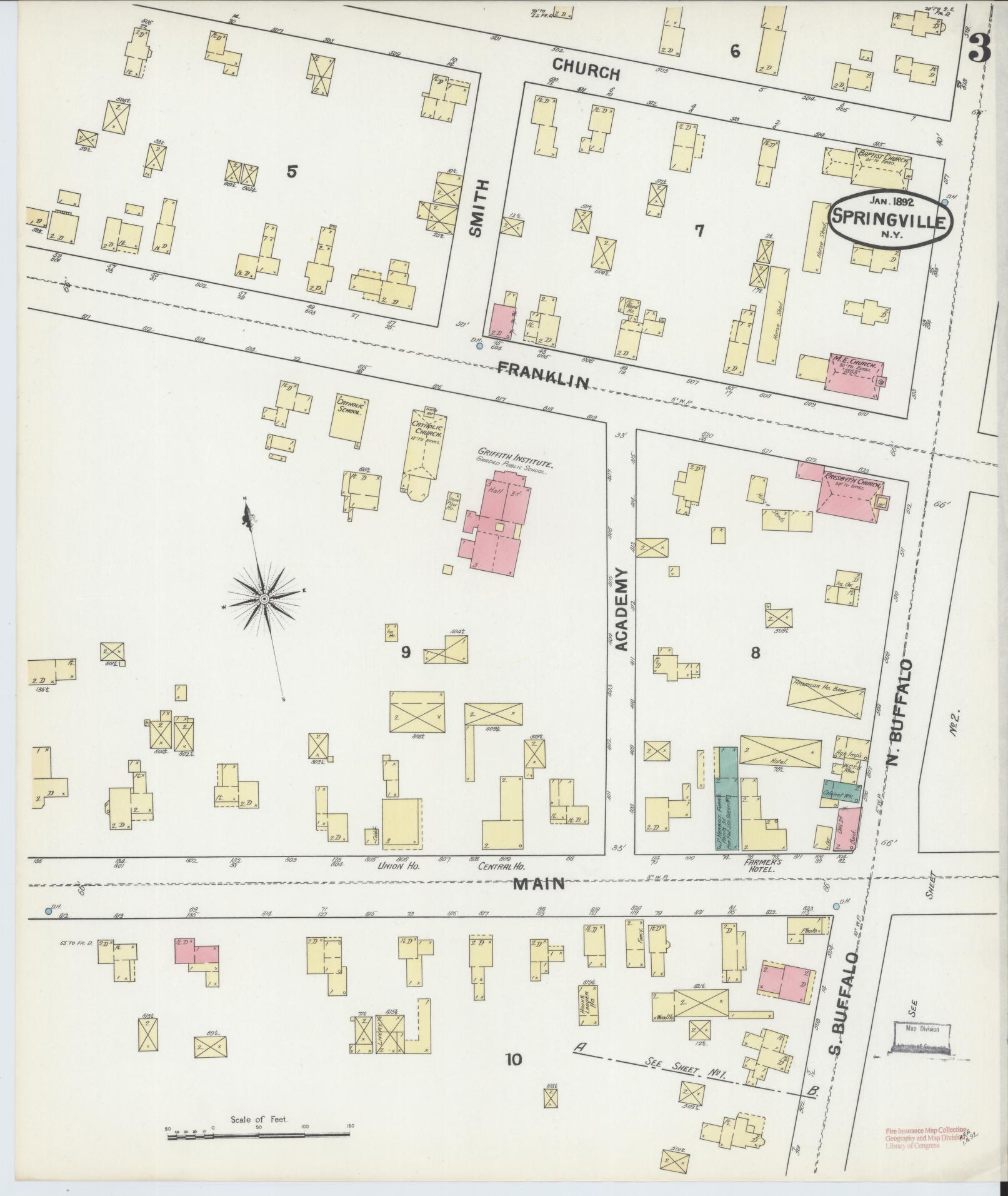 Sanborn Fire Insurance Map from Springville, Erie County, New York (1892), Sheet #0003 - Historic Sanborn Fire Insurance Map Print, vintage old map wall art, antique decor, genealogy gift, New York New York map