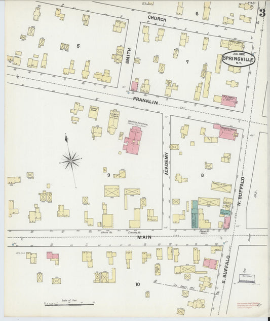 Sanborn Fire Insurance Map from Springville, Erie County, New York (1892), Sheet #0003 - Historic Sanborn Fire Insurance Map Print, vintage old map wall art, antique decor, genealogy gift, New York New York map