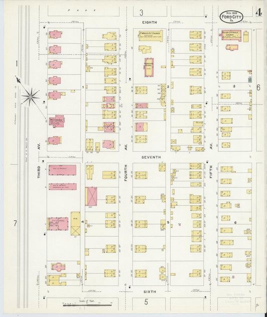 Sanborn Fire Insurance Map from Ford City, Armstrong County, Pennsylvania (1908), Sheet #0004 - Historic Sanborn Fire Insurance Map Print, vintage old map wall art, antique decor, genealogy gift, Pennsylvania Pennsylvania map