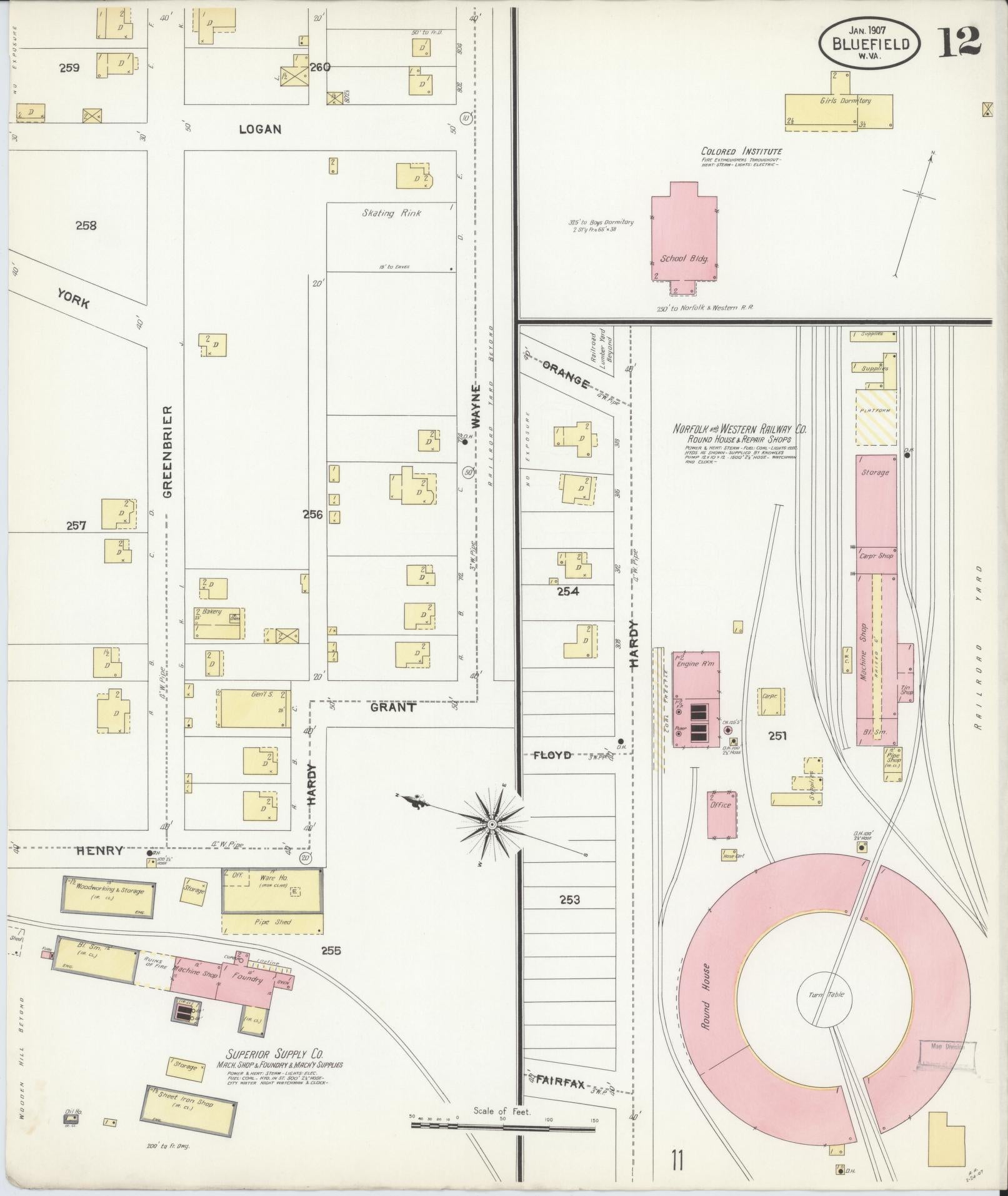 Sanborn Fire Insurance Map from Bluefield, Mercer County, West Virginia (1907), Sheet #0012 - Complete Map Set gallery image, historic Sanborn map, vintage wall art, West Virginia West Virginia