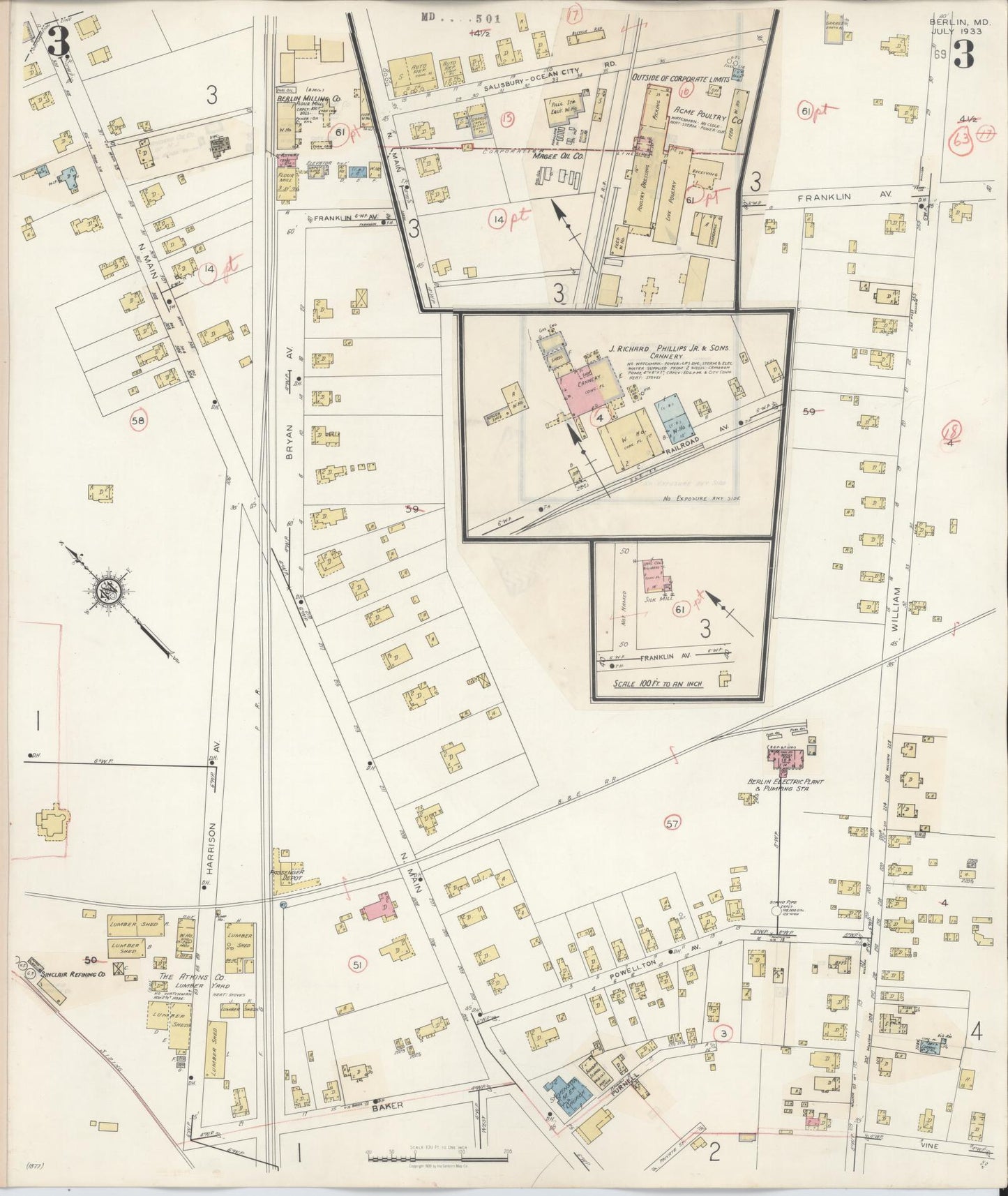 Worcester, Maryland - 1942 - Sanborn Fire Insurance Map, Sheet #0003 - Historic Sanborn Fire Insurance Map Print, Worcester Maryland 1942 0003 vintage old map wall art