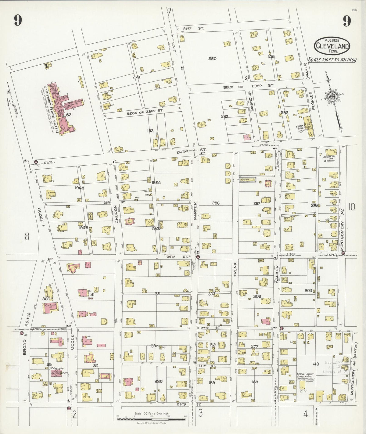 Sanborn Fire Insurance Map from Cleveland, Bradley County, Tennessee (1925), Sheet #0009 - Complete Map Set gallery image, historic Sanborn map, vintage wall art, Tennessee Tennessee