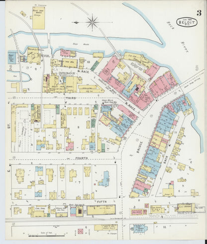 Sanborn Fire Insurance Map from Beloit, Rock County, Wisconsin (1895), Sheet #0003 - Historic Sanborn Fire Insurance Map Print, vintage old map wall art, antique decor, genealogy gift, Wisconsin Wisconsin map