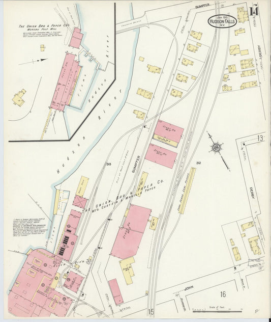 Sanborn Fire Insurance Map from Hudson Falls, Washington County, New York (1913), Sheet #0014 - Historic Sanborn Fire Insurance Map Print, vintage old map wall art, antique decor, genealogy gift, New York New York map