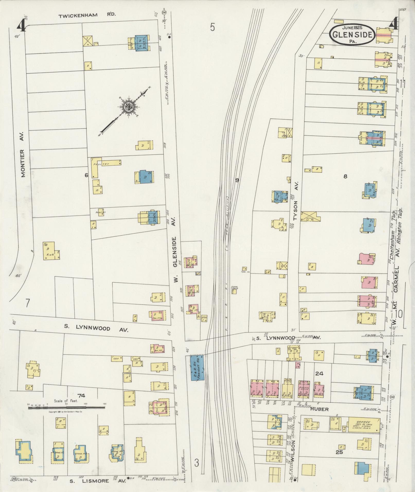 Sanborn Fire Insurance Map from Glenside, Montgomery County, Pennsylvania (1925), Sheet #0004 - Historic Sanborn Fire Insurance Map Print, vintage old map wall art, antique decor, genealogy gift, Pennsylvania Pennsylvania map