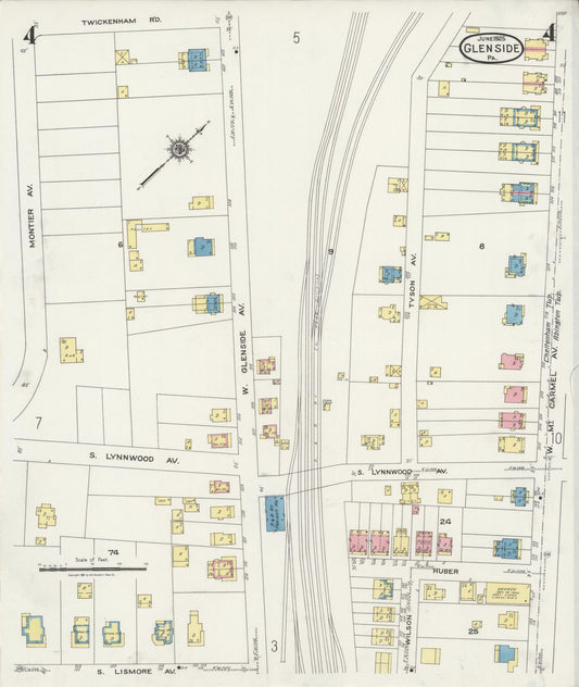 Sanborn Fire Insurance Map from Glenside, Montgomery County, Pennsylvania (1925), Sheet #0004 - Historic Sanborn Fire Insurance Map Print, vintage old map wall art, antique decor, genealogy gift, Pennsylvania Pennsylvania map