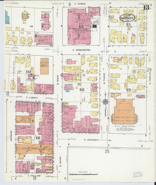Sanborn Fire Insurance Map from Ann Arbor, Washtenaw County, Michigan (1916), Sheet #0013 - Historic Sanborn Fire Insurance Map Print, vintage old map wall art, antique decor, genealogy gift, Michigan Michigan map