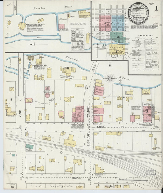 Sanborn Fire Insurance Map from Baraboo, Sauk County, Wisconsin (1892), Sheet #0001 - Historic Sanborn Fire Insurance Map Print, vintage old map wall art, antique decor, genealogy gift, Wisconsin Wisconsin map