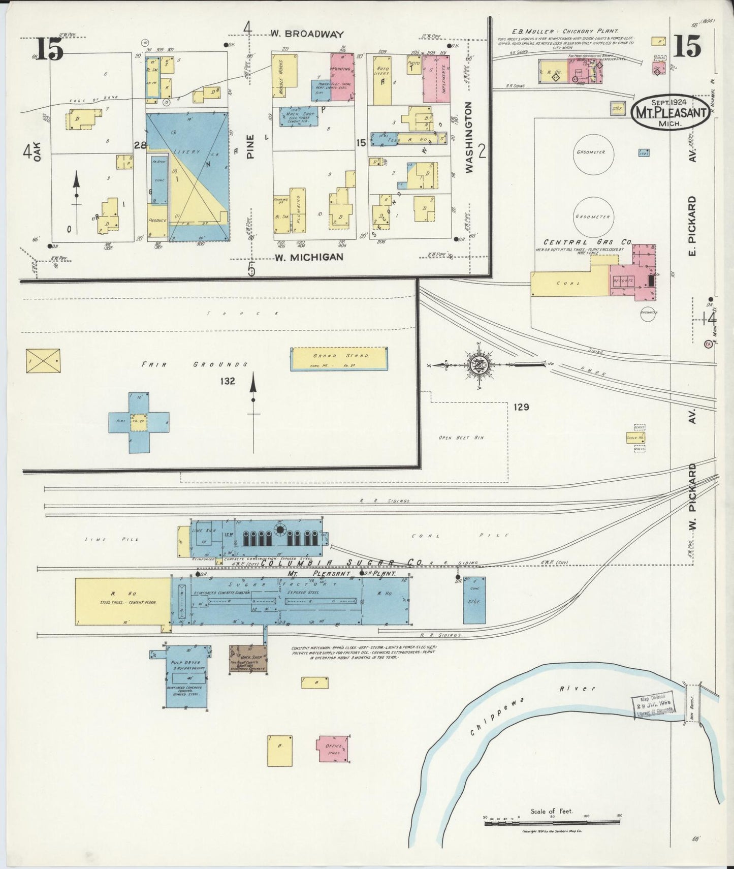 Sanborn Fire Insurance Map from Mount Pleasant, Isabella County, Michigan (1924), Sheet #0015 - Complete Map Set gallery image, historic Sanborn map, vintage wall art, Michigan Michigan