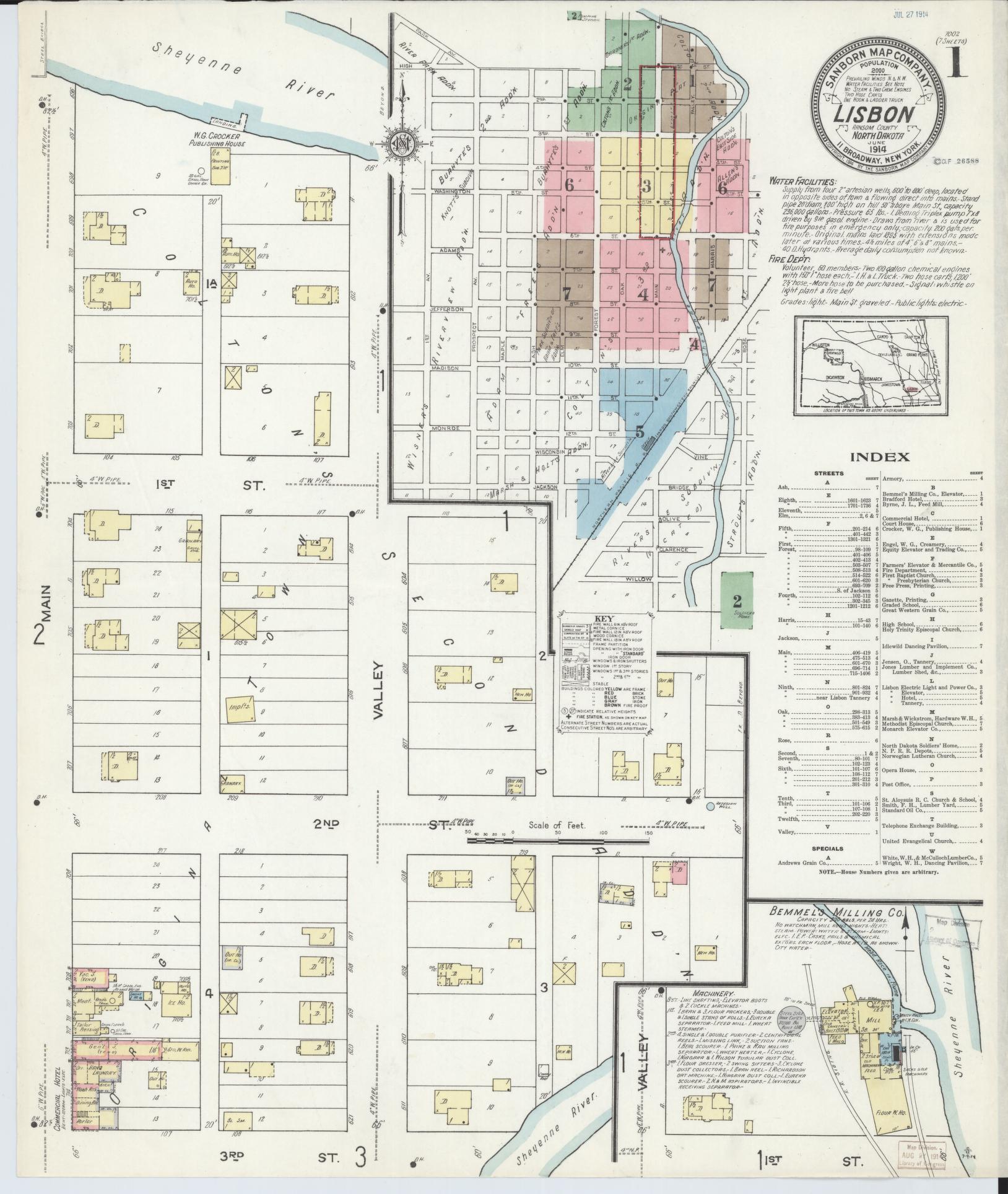 Sanborn Fire Insurance Map from Lisbon, Ransom County, North Dakota (1914), Sheet #0001 - Complete Map Set gallery image, historic Sanborn map, vintage wall art, North Dakota North Dakota