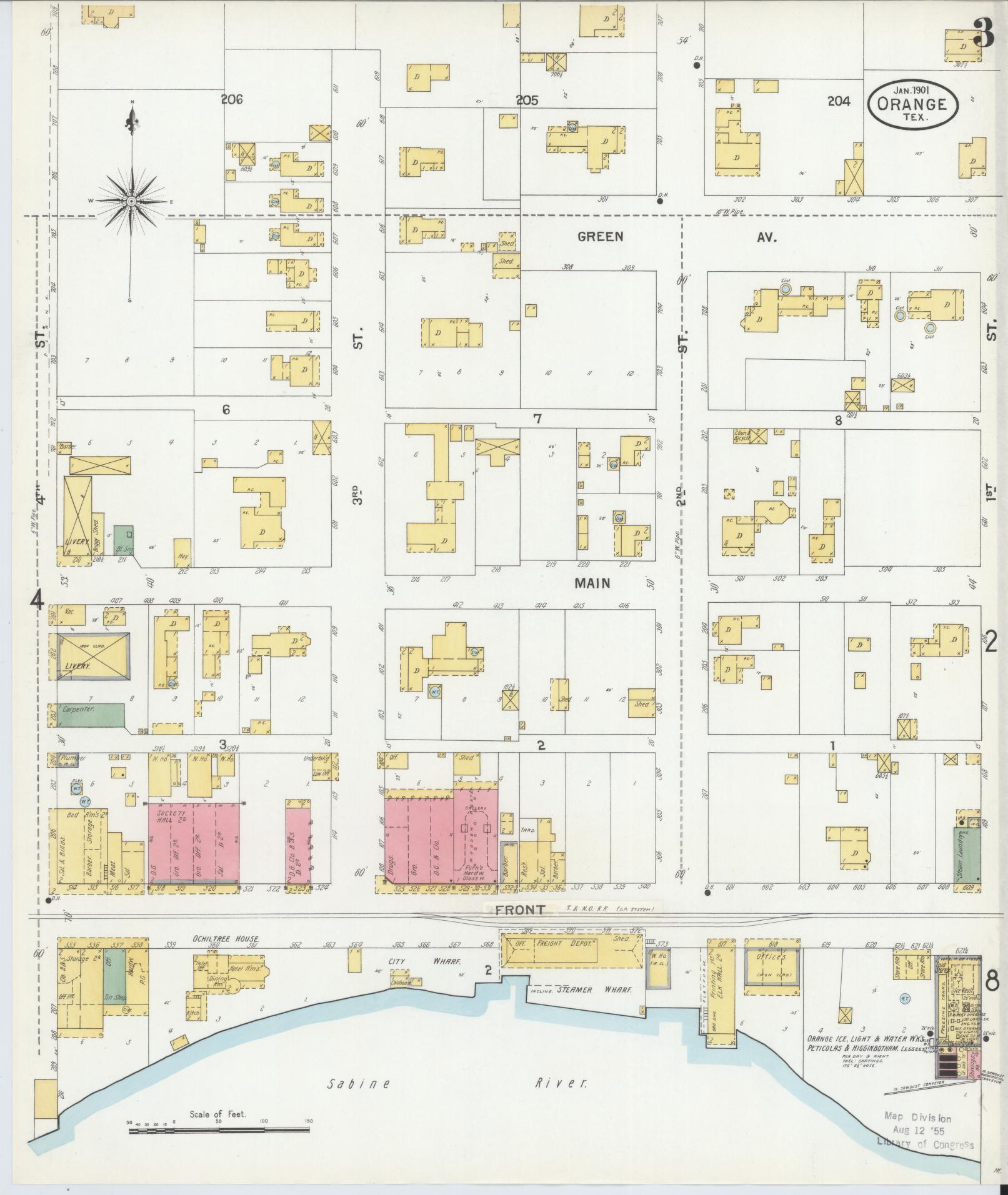 Sanborn Fire Insurance Map from Orange, Orange County, Texas (1901), Sheet #0003 - Historic Sanborn Fire Insurance Map Print, vintage old map wall art, antique decor, genealogy gift, Texas Texas map