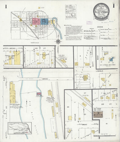 Sanborn Fire Insurance Map from Blue Springs, Gage County, Nebraska (1925), Sheet #0001 - Complete Map Set gallery image, historic Sanborn map, vintage wall art, Nebraska Nebraska