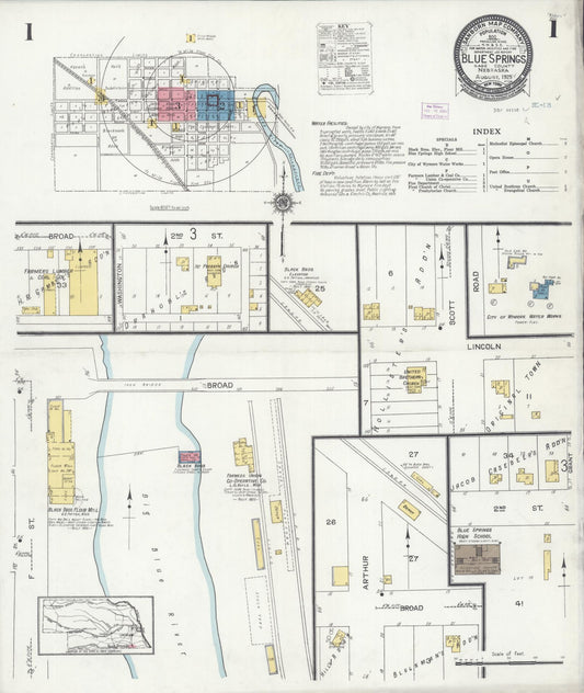 Sanborn Fire Insurance Map from Blue Springs, Gage County, Nebraska (1925), Sheet #0001 - Complete Map Set gallery image, historic Sanborn map, vintage wall art, Nebraska Nebraska