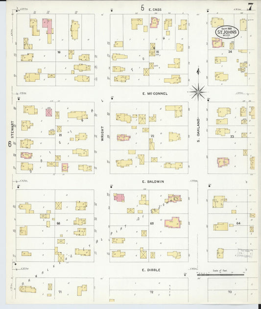 Sanborn Fire Insurance Map from Saint Johns, Clinton County, Michigan (1908), Sheet #0007 - Historic Sanborn Fire Insurance Map Print, vintage old map wall art, antique decor, genealogy gift, Michigan Michigan map