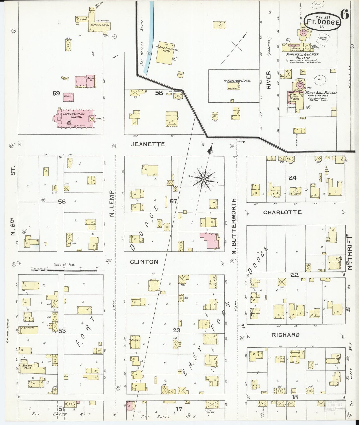 Sanborn Fire Insurance Map from Fort Dodge, Webster County, Iowa (1892), Sheet #0006 - Historic Sanborn Fire Insurance Map Print, vintage old map wall art